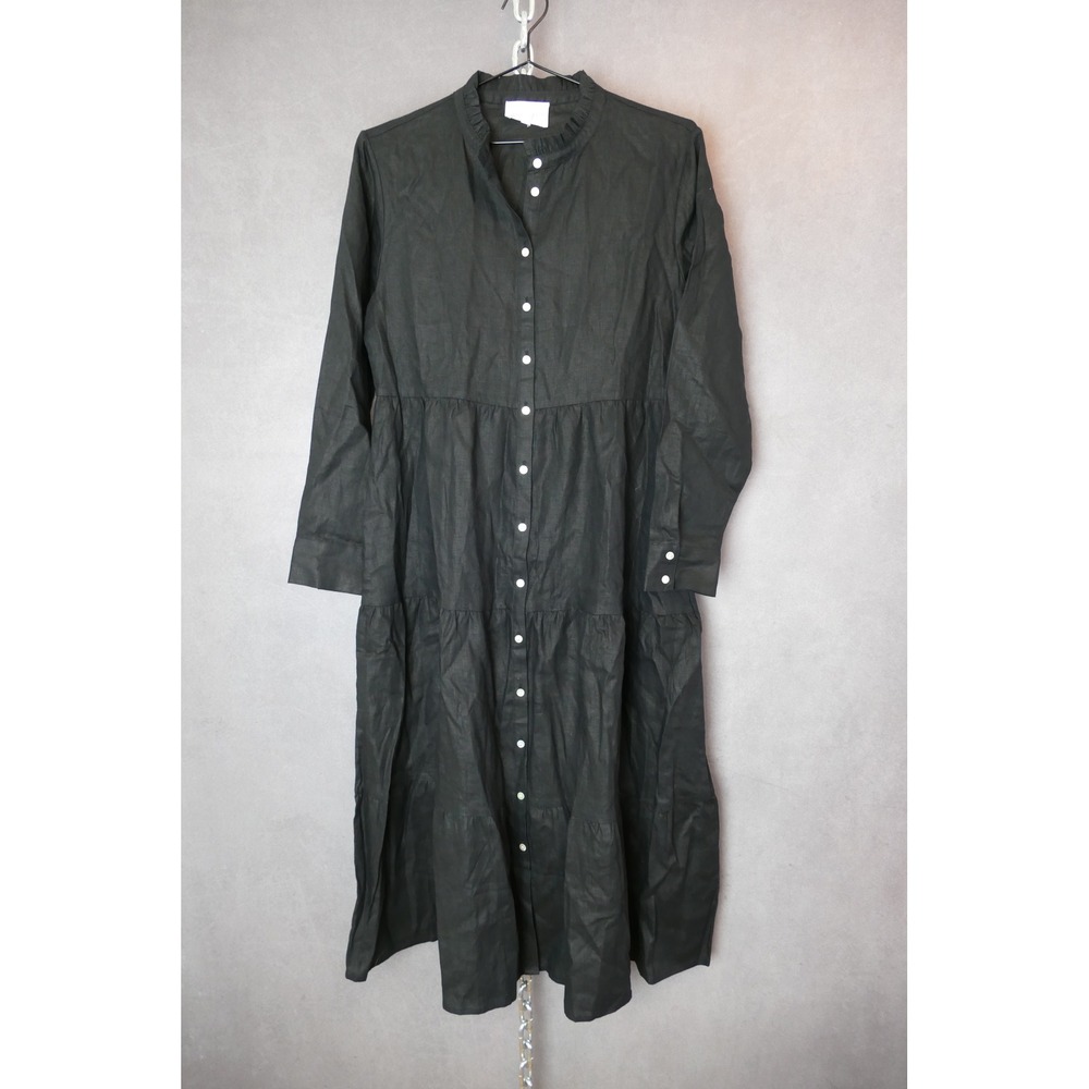 Alice Walk Womens Dress Small‎ Black Linen Blend Long Sleeve Tiered Midi